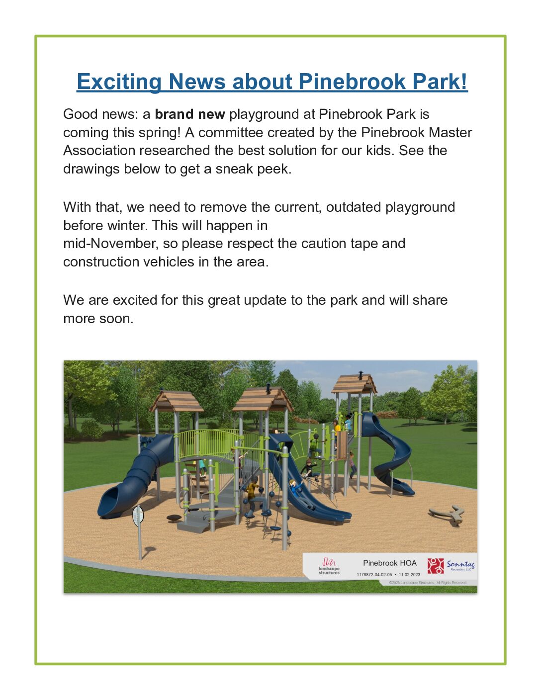 New Playground Equipment Coming to Pinebrook Park 2024